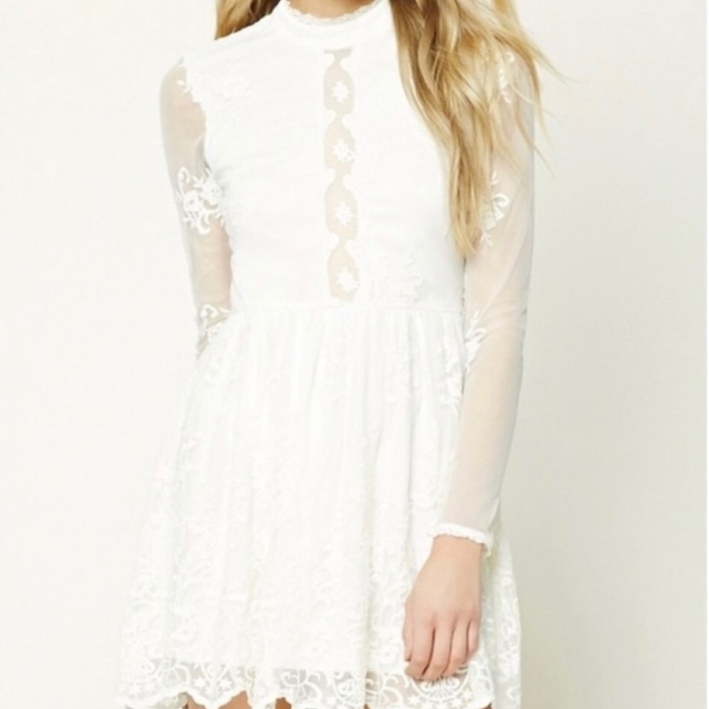 FOREVER 21 White Lace Skater Dress w/ Sleeves